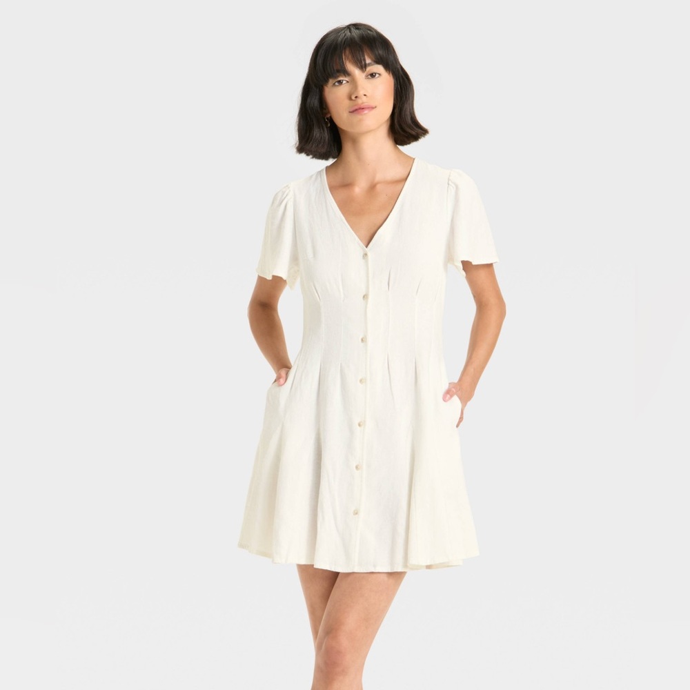 White Linen Short Sleeve Button-Front Mini Dress Sz Small NWT